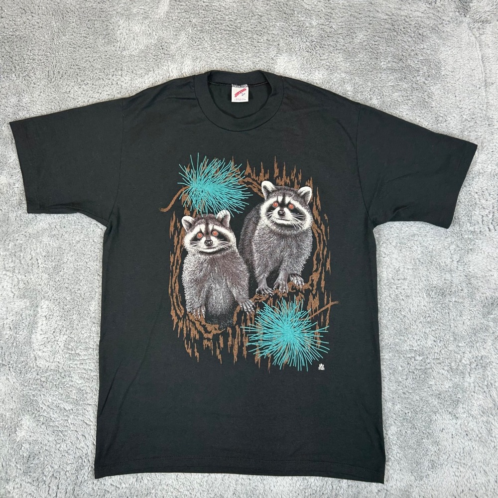 Vintage 1987 Jerzees Raccoon Graphic T-Shirt Black Mens Large Made in USA 80s
